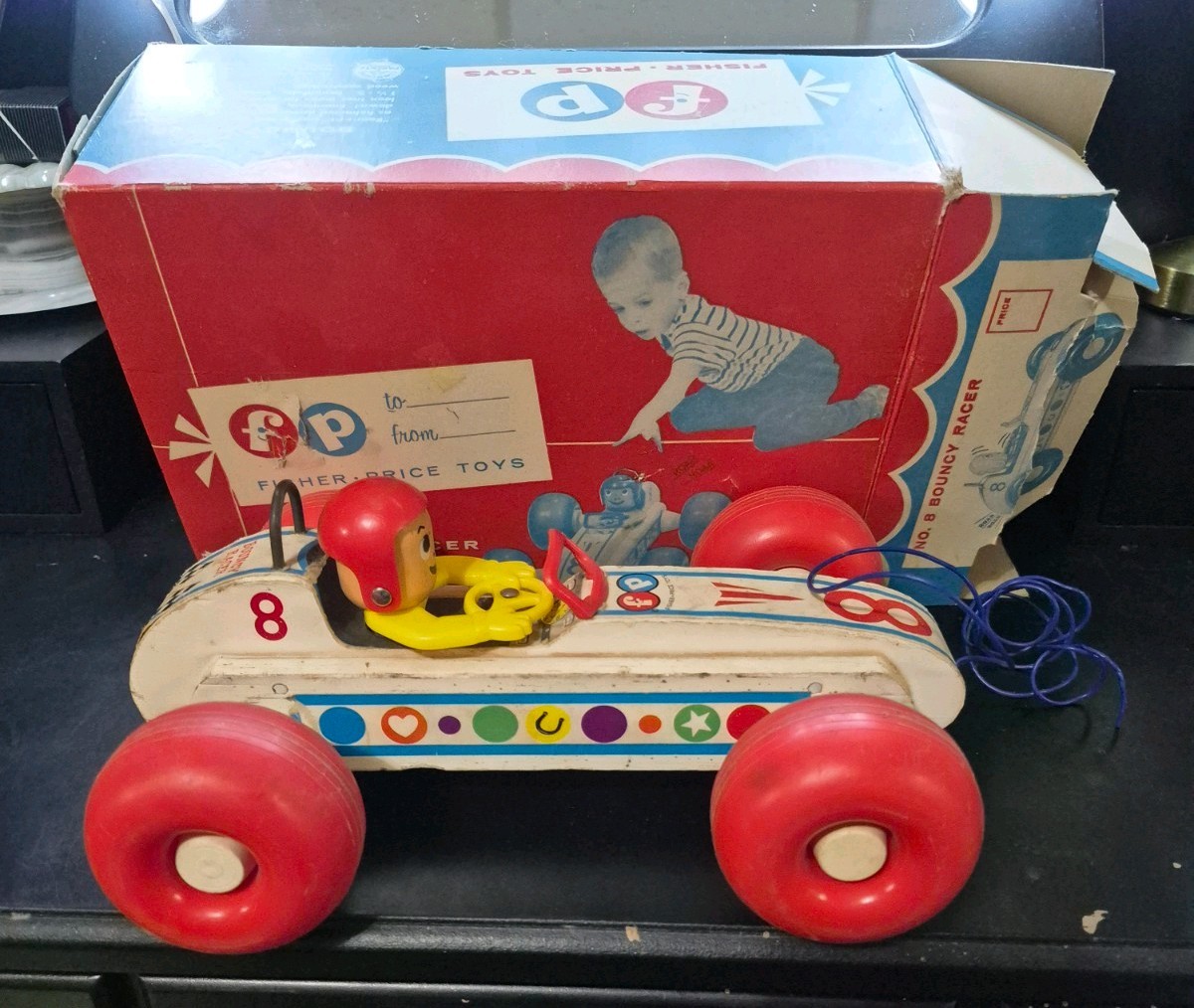 Vintage Fisher Price No. 8 Bouncy Racer Wood Toy With Original Box Complete