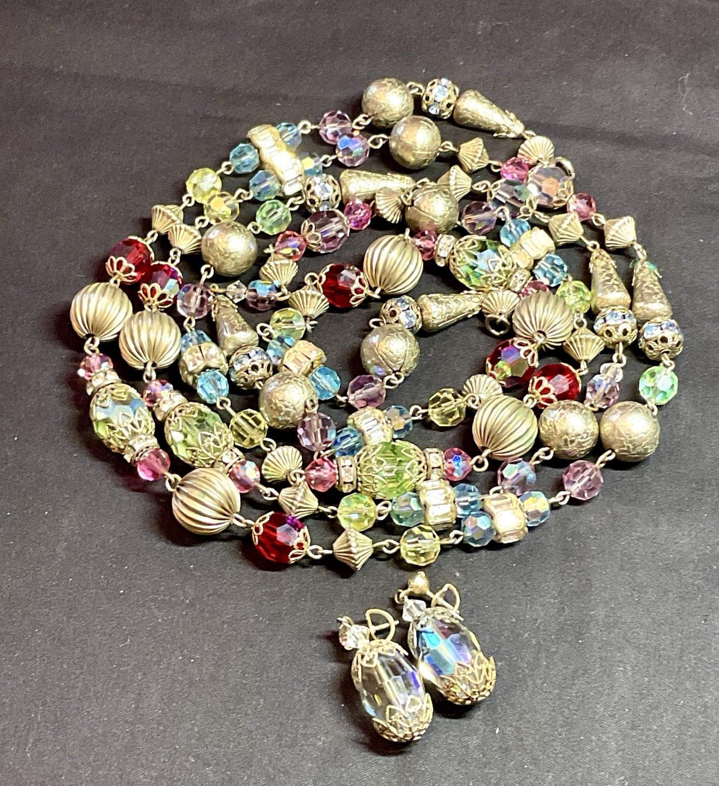 European Art Glass Necklace Opera 56” & Earrings Arora Borealis Crystals Heavy