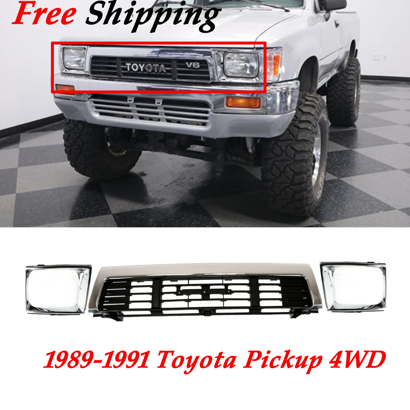Fits 1989 1990 1991 Toyota Pickup 4Runner Front Grille & Headlamp Door Set 3Pc