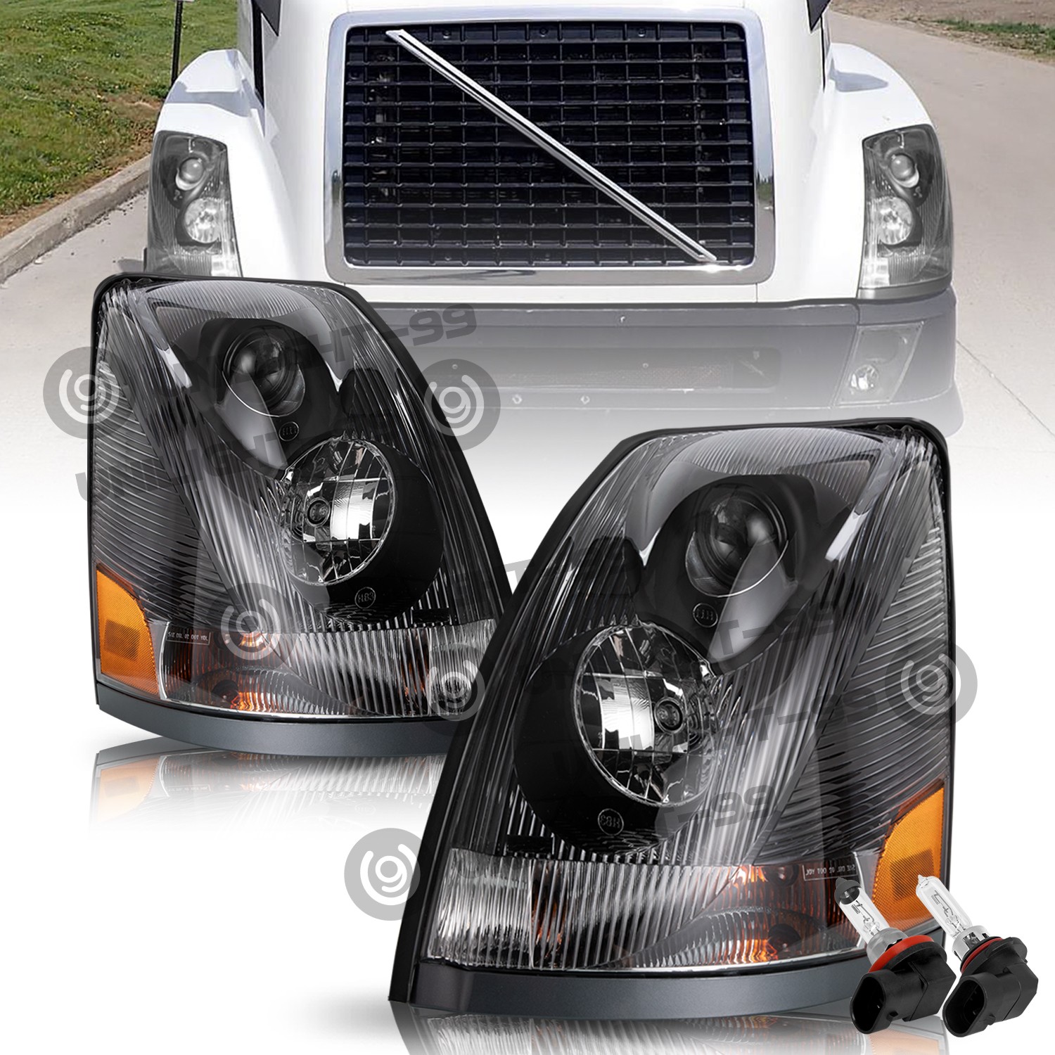 For 2004-2017 Volvo Truck VN VNL Halogen Black Headlights Assembly Pair W/Bulbs