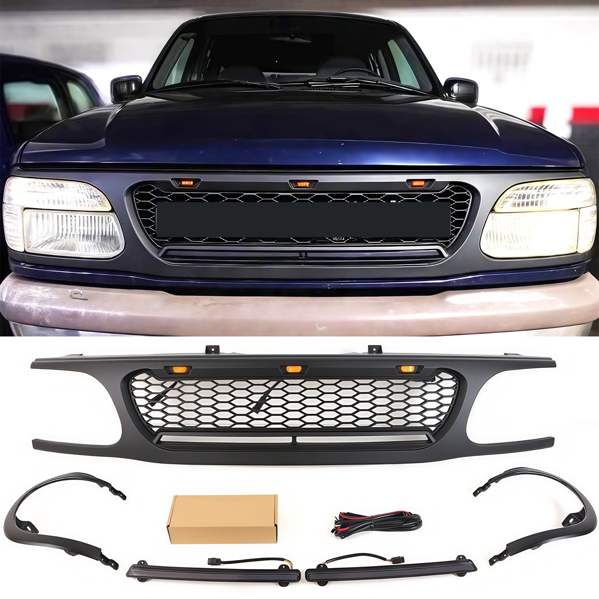 Black Front Grille Fits For Ford Explorer 1995-2001 Upper Grill W/LED &Light Bar