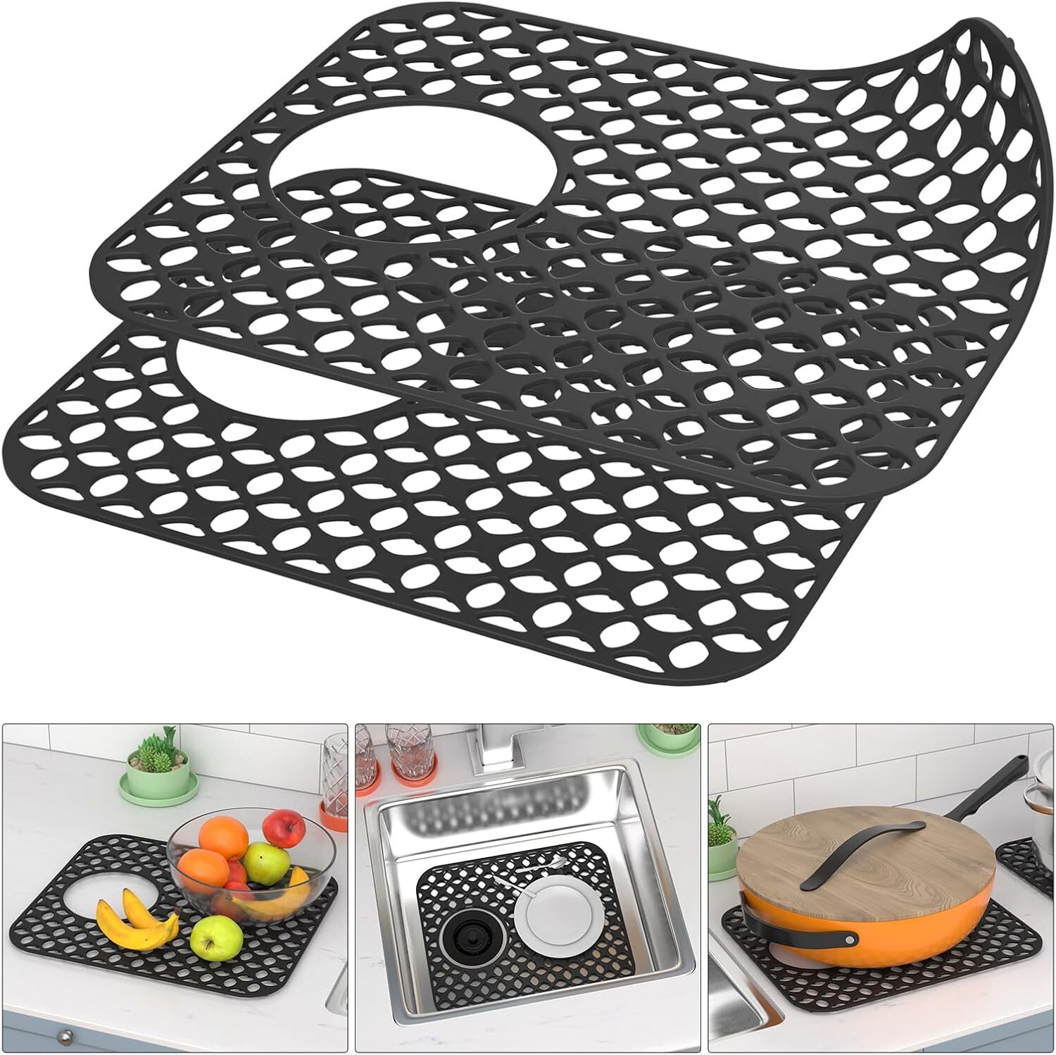 TOOVEM 2PCS Non-Slip Heat Resistant Silicone Sink Protector Mat, Side Drain TOOVEM 2PCS Non-Slip Heat Resistant Silicone Sink Protector Mat, Side Drain