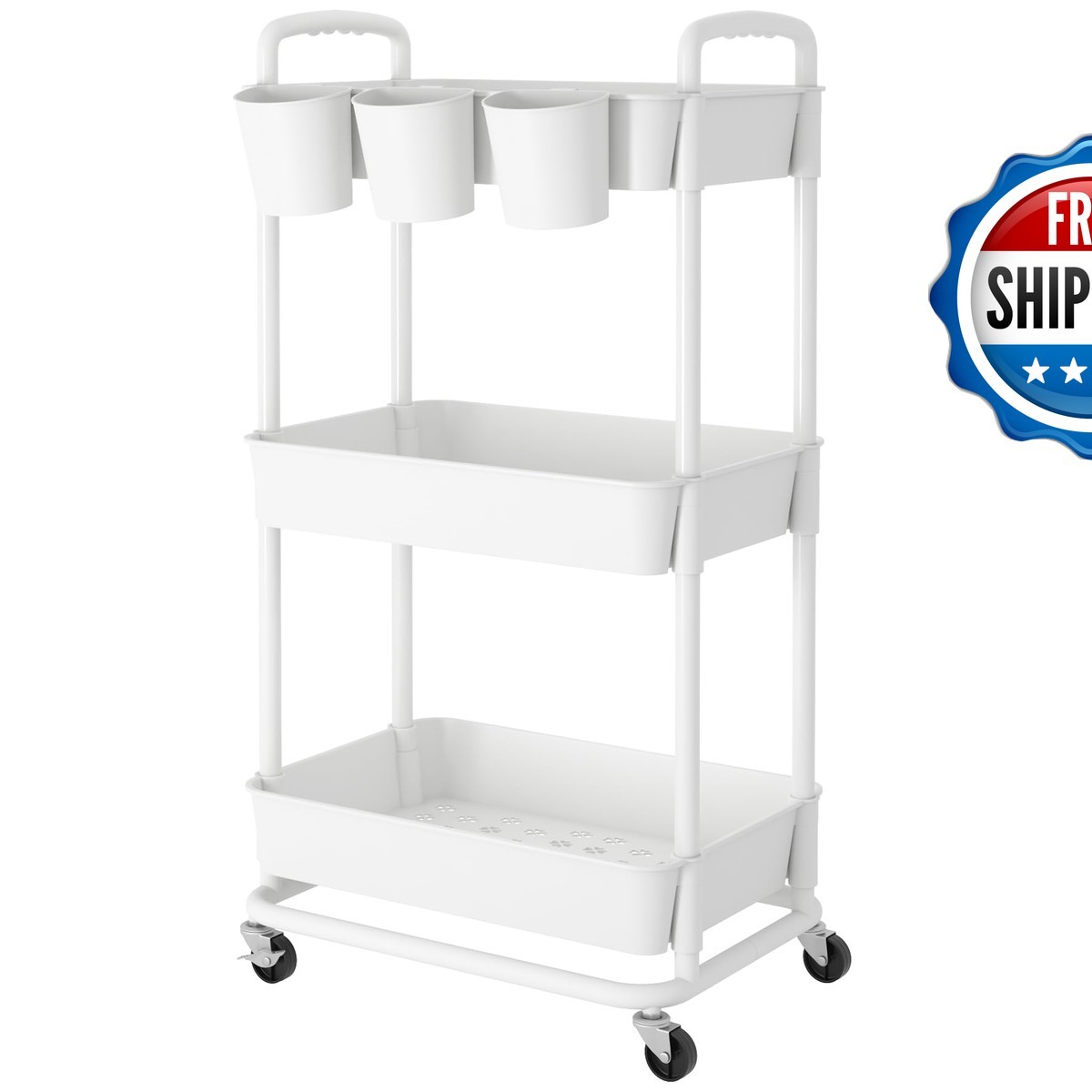 JIUYOTREE 3-Tier Plastic Rolling Storage Cart White
