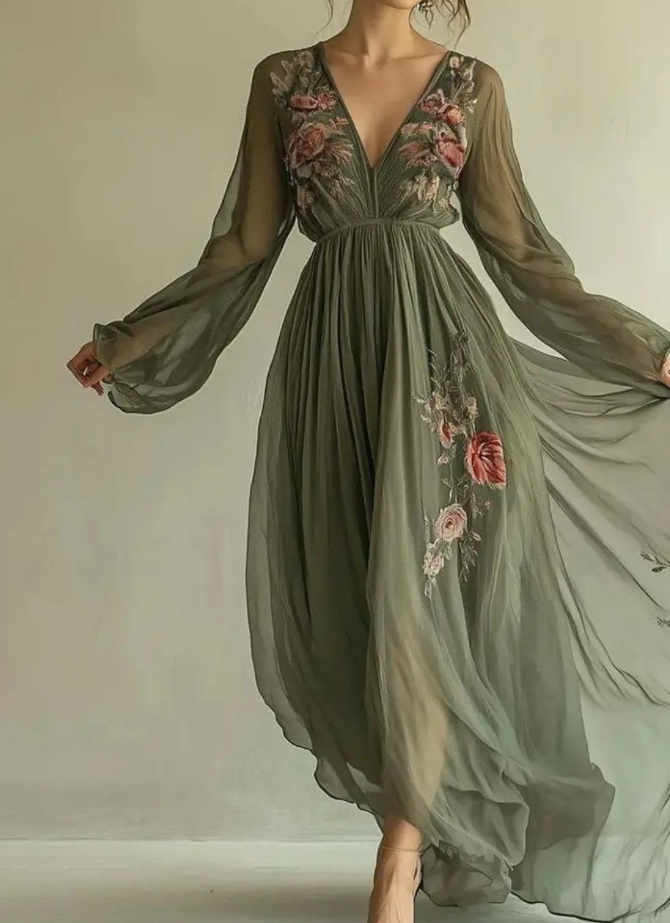 Vintage Elegant Line with V-Neck & Long Sleeve Straight Hem Maxi Dress