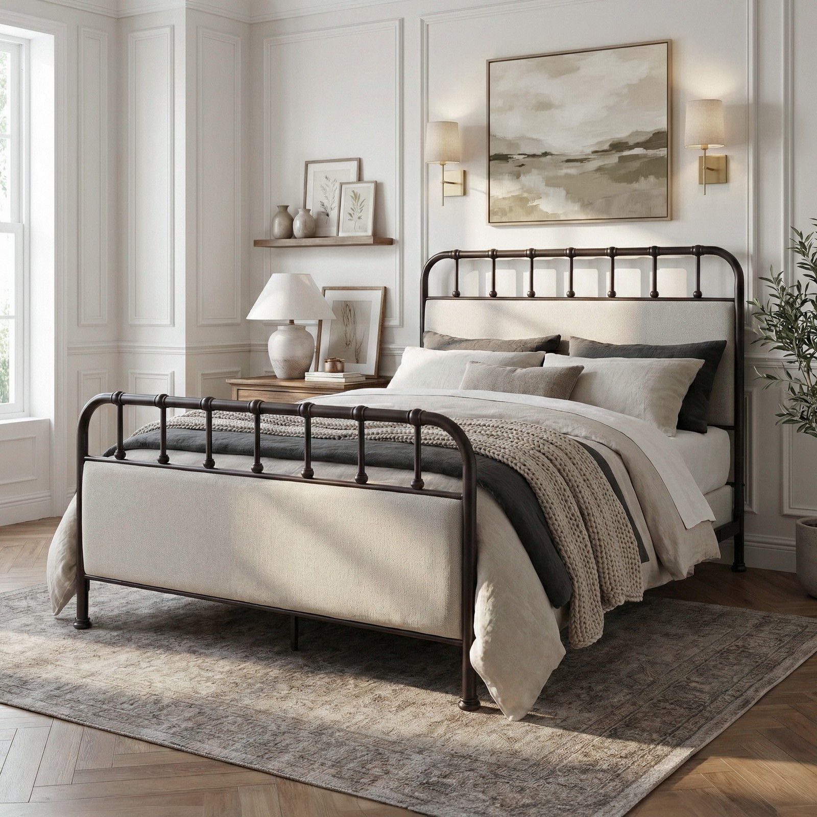 Full Industrial Metal Panel Bed Dark Copper Upholstered Fabric Headboard 56\