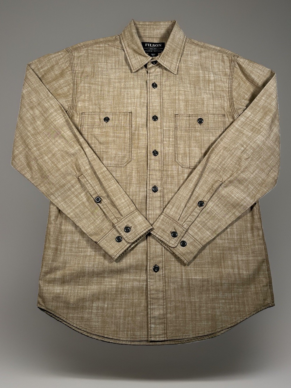 Filson Mens XS Tan Chambray CPO Shirt Work Shirt Lightweight Cotton Long Sleeve
