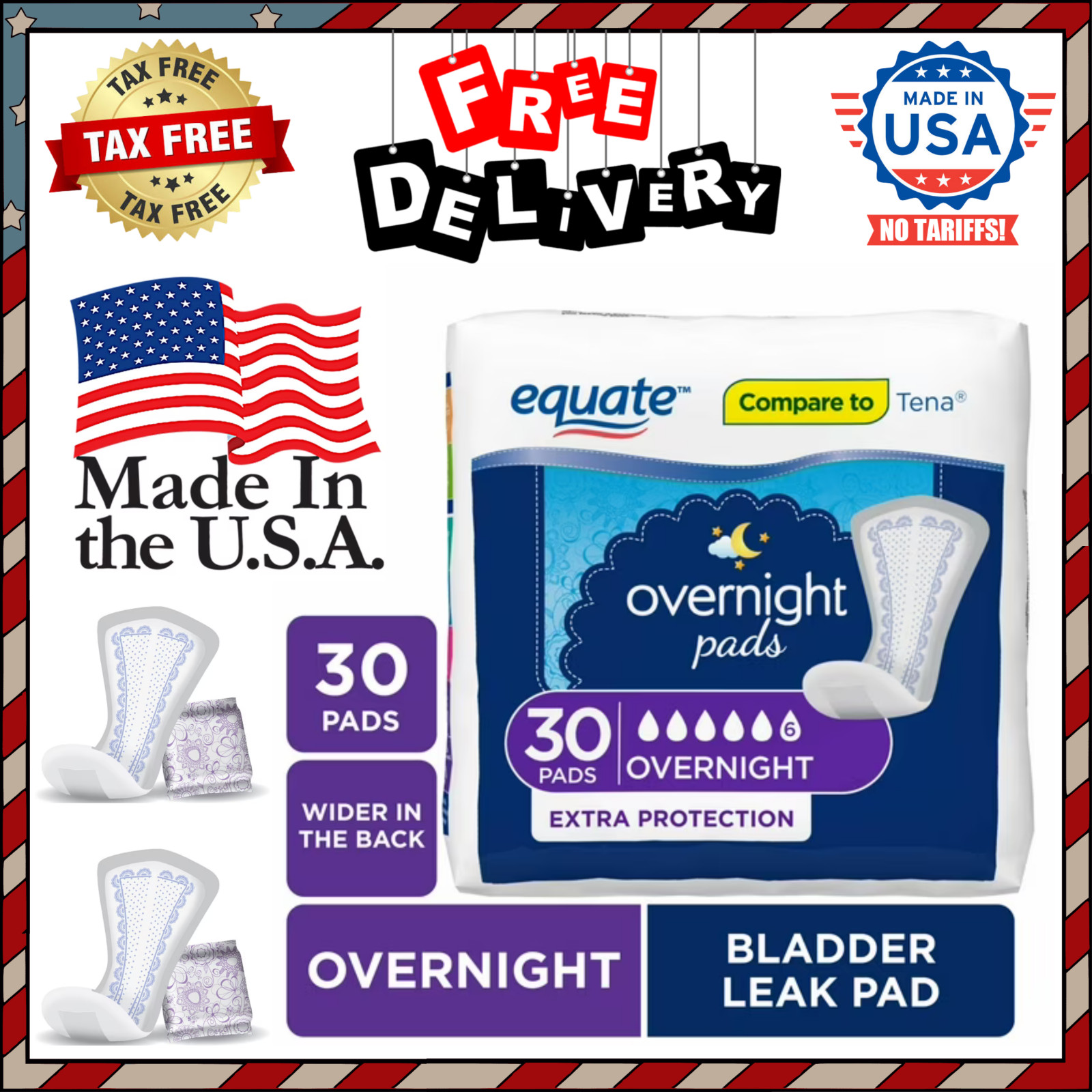 Equate Women\'s Overnight Incontinence Pads, Extra Protection, 30 Count Equate Women\'s Overnight Incontinence Pads, Extra Protection, 30 Count