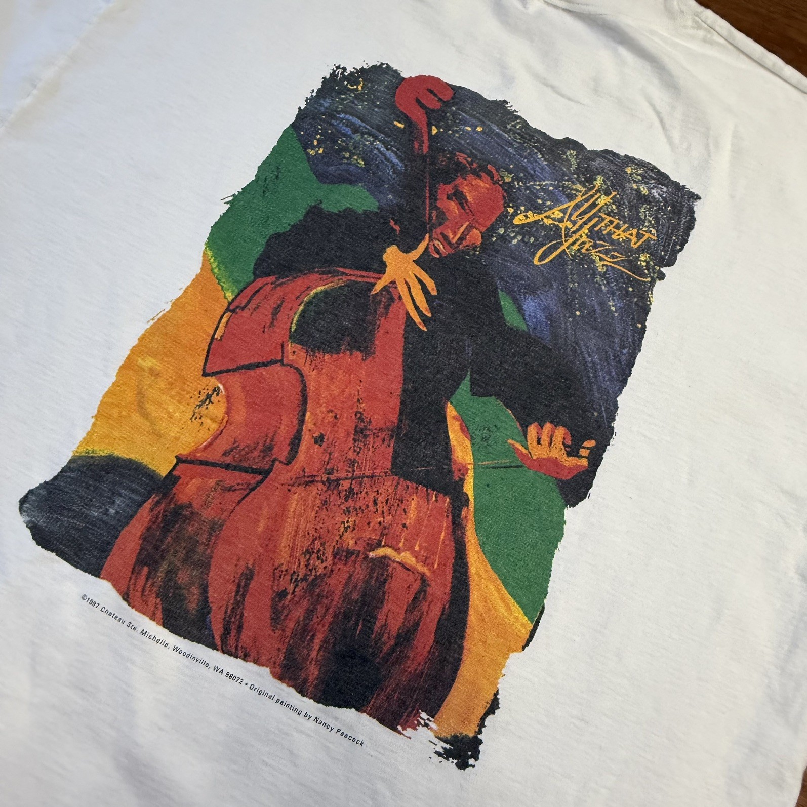 Vintage 1997 Chateau Ste Michelle Nancy Peacock Festival T Shirt Cello Art