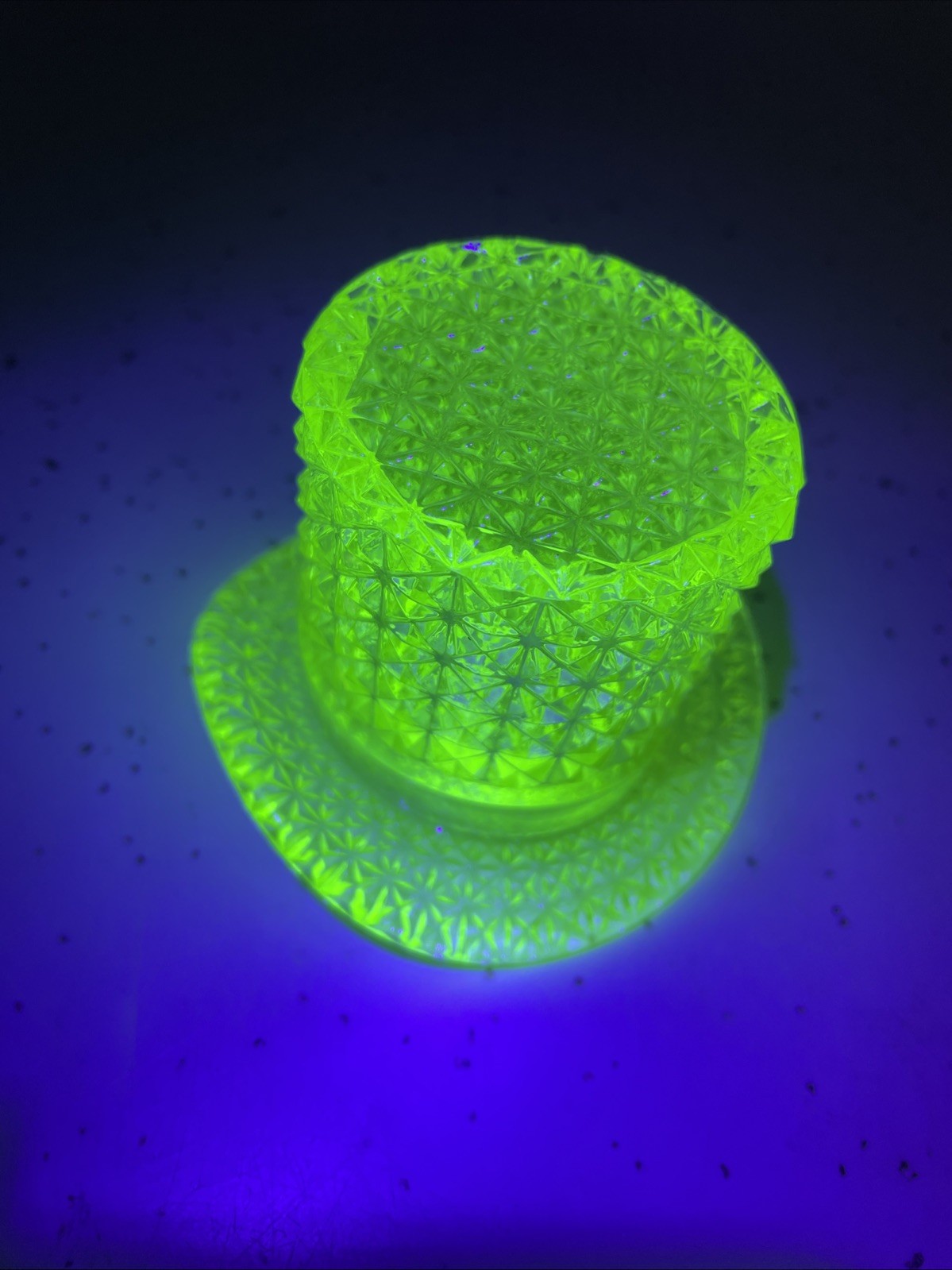 Vintage VASELINE GLOW Fenton Uranium Glass Top Hat toothpick/match holder Vintage VASELINE GLOW Fenton Uranium Glass Top Hat toothpick/match holder