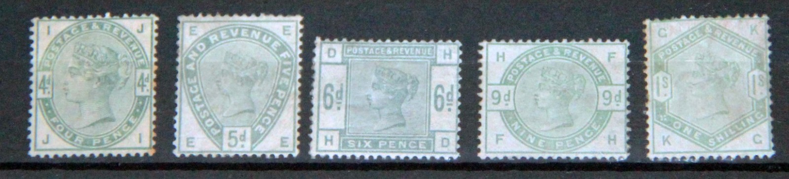 GB QV 1884 4d-1s Dull Green SG192-196 set of 5 Original gum OG, Mint Hinged MH