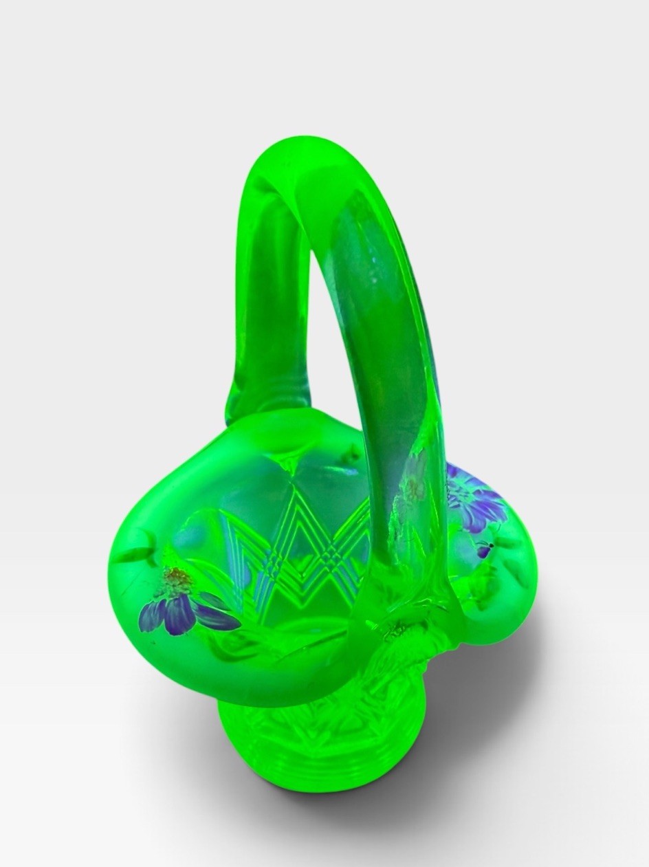 Fenton Mini Basket Uranium Glass Hand Painted C Smith 5” Fenton Mini Basket Uranium Glass Hand Painted C Smith 5”