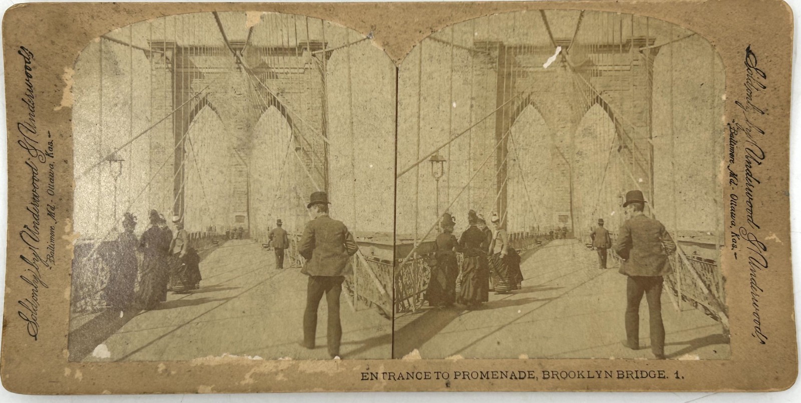 Antique BROOKLYN BRIDGE NEW YORK CITY Stereoview Entrance to Promenade