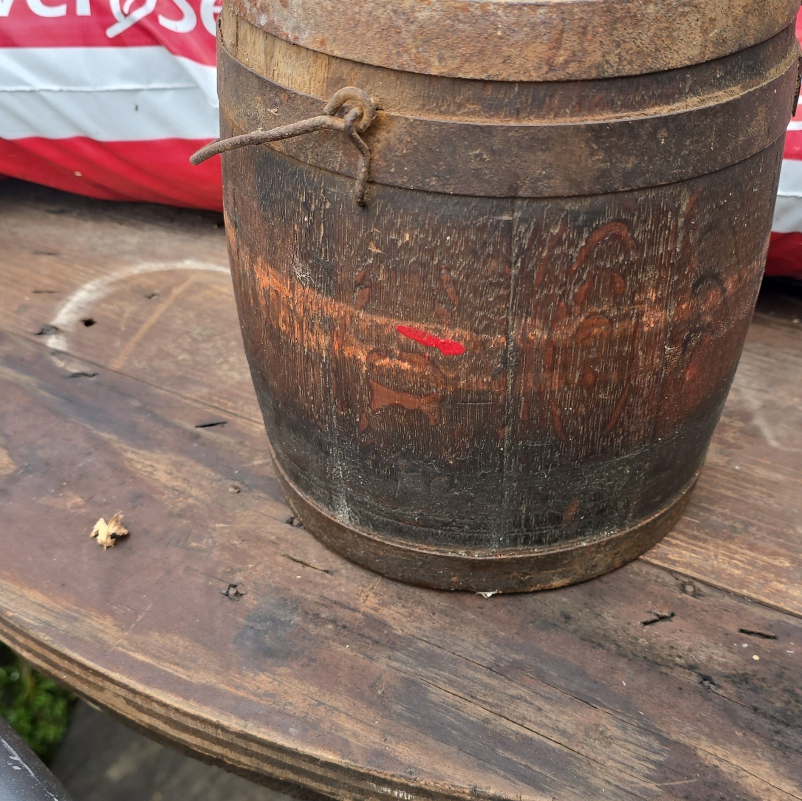 Rare Vintage Antique Wooden Wood Paint Pail Barrel Bucket Oak Primitive