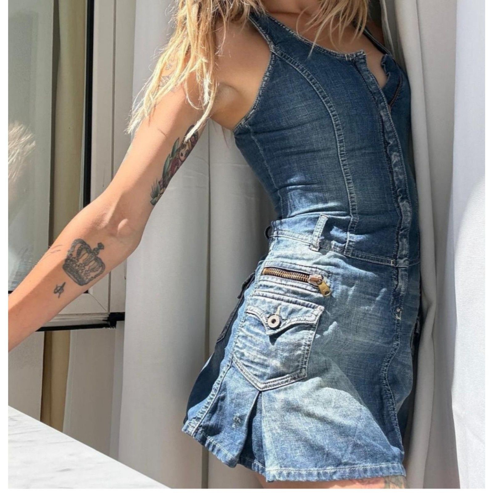 Diesel Women\'s Juniors Blue and Navy Casual-dress Corset Dress Vintage Y2K