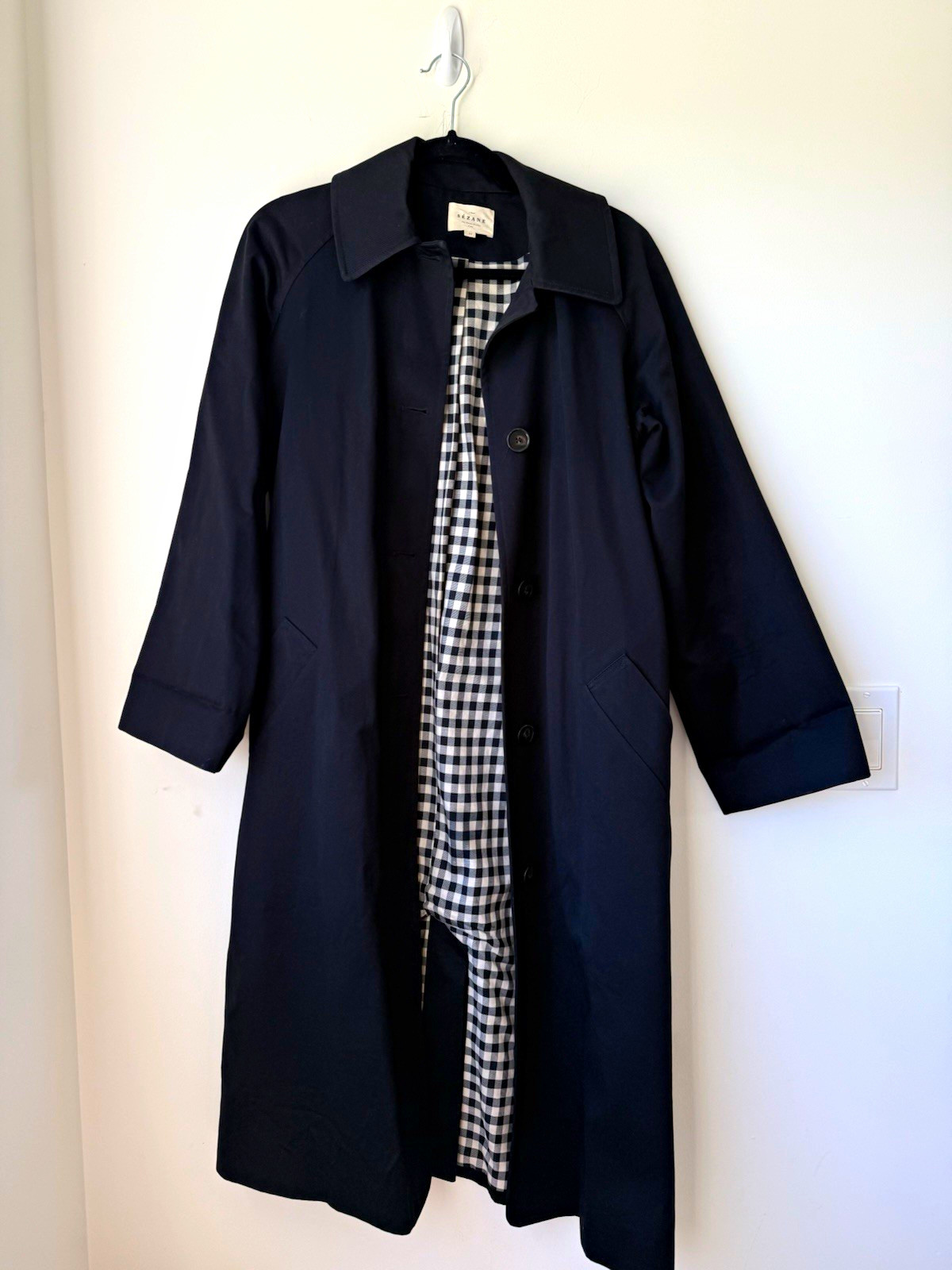 Sézane Women Long Overcoat Navy Button Front Pockets Lined Size 32