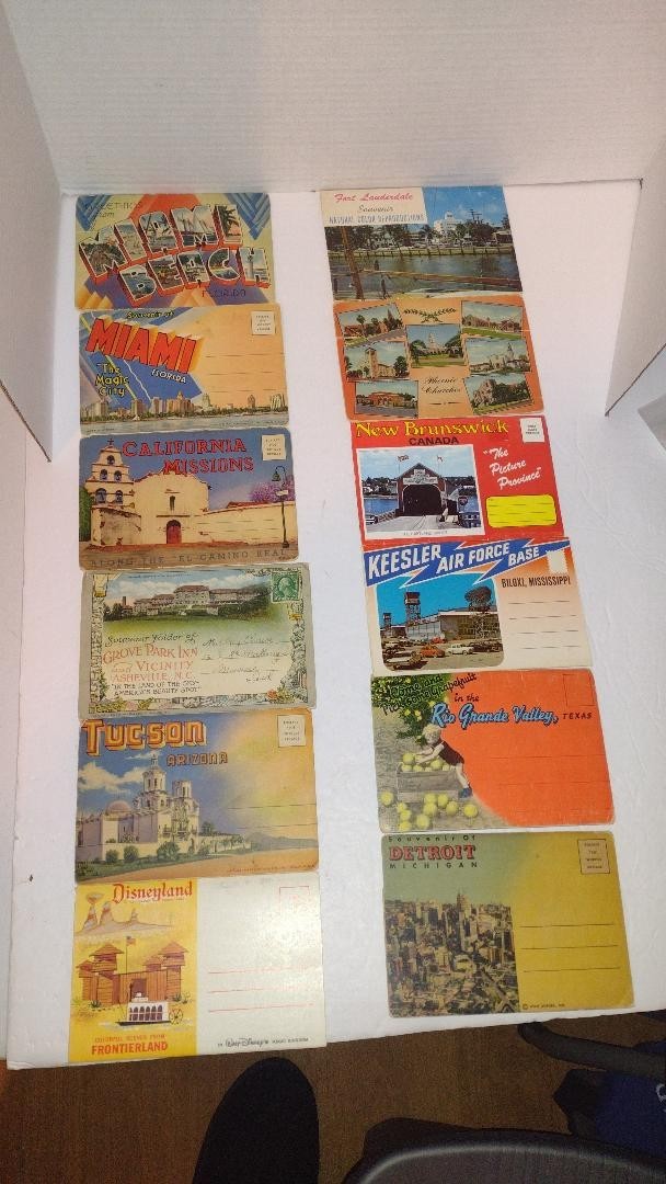 Lot of 12 Vintage Souvenir Postcard Folders – Tucson, Disneyland, Miami, Detroit