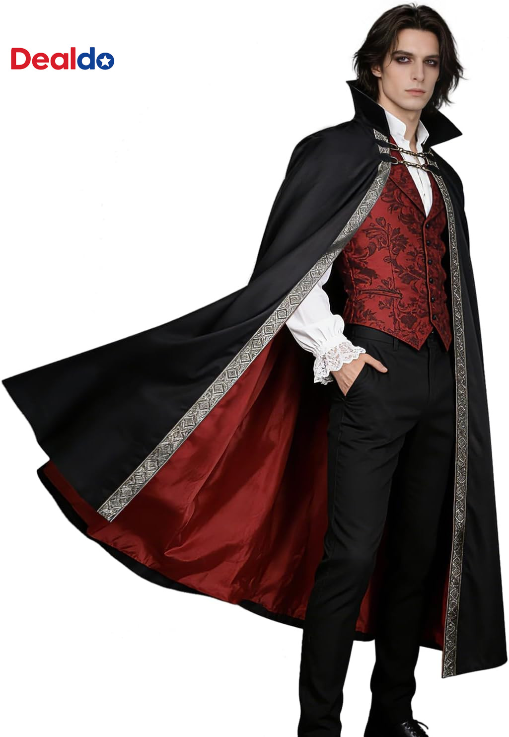 Gothic Vampire Cloak Medieval Cape Red Lined Standing Collar Costume