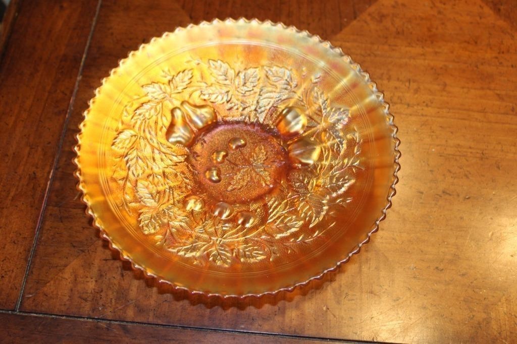 Vintage Fenton Marigold Carnival Glass Bowl Peacock and Grape Ruffled Edge 8