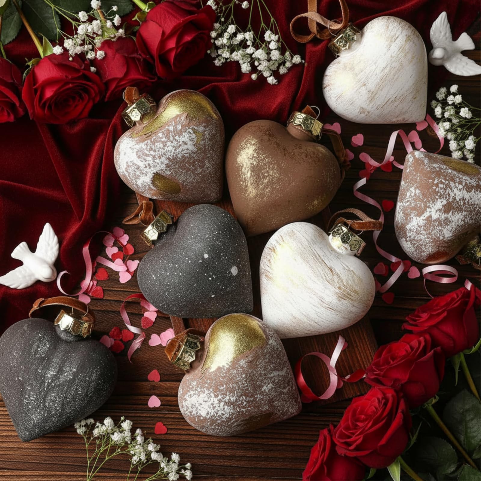 Simgoing 12 Pcs Neutral Valentine\'s Day Heart Ornaments 3.54 Inch Rustic Plastic