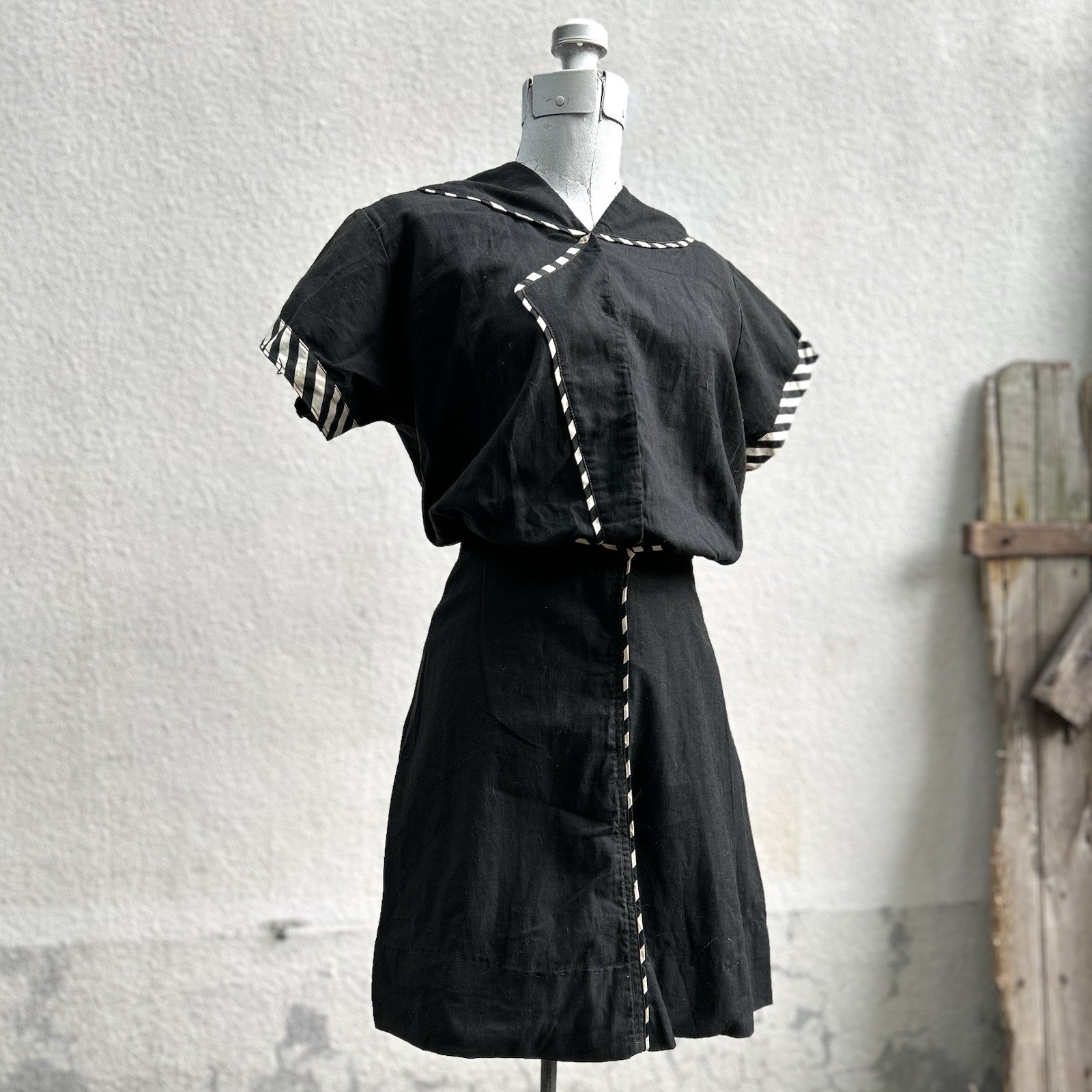 Antique 1890s Victorian Edwardian Bathing Costume Black Cotton Sailor Swimsuit