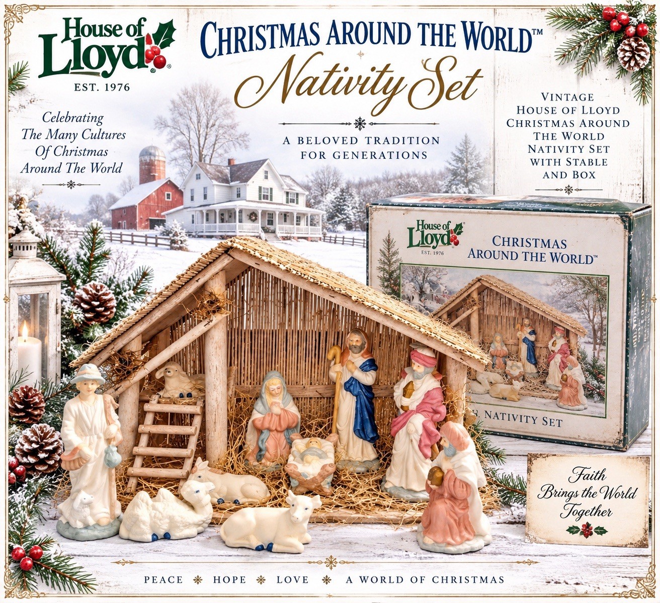 Vintage (11) Piece Nativity Set W/ Hay Covered Wooden Stable & Porcelain Figures