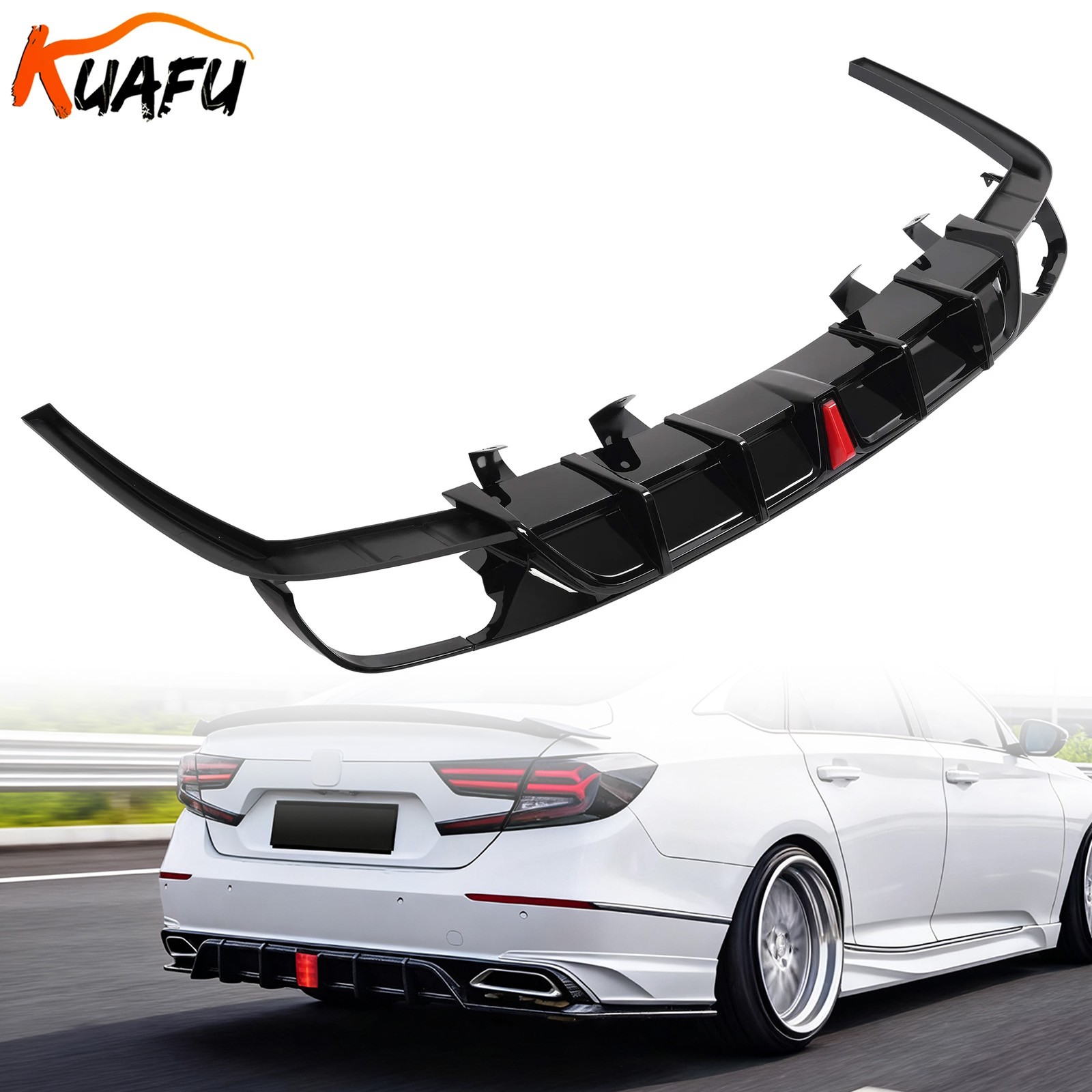 KUAFU Gloss Black Rear Bumper Diffuser Lip Kit+ Light For Honda Accord 2018-2022 KUAFU Gloss Black Rear Bumper Diffuser Lip Kit+ Light For Honda Accord 2018-2022