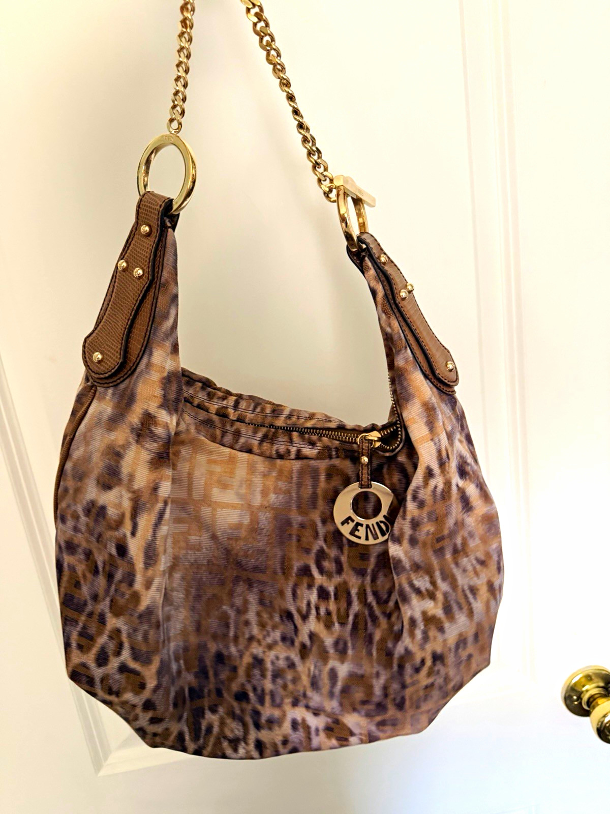 Fendi Y2K vintage Animal Print Shoulder Gold Chain Strap, lizard leather accents