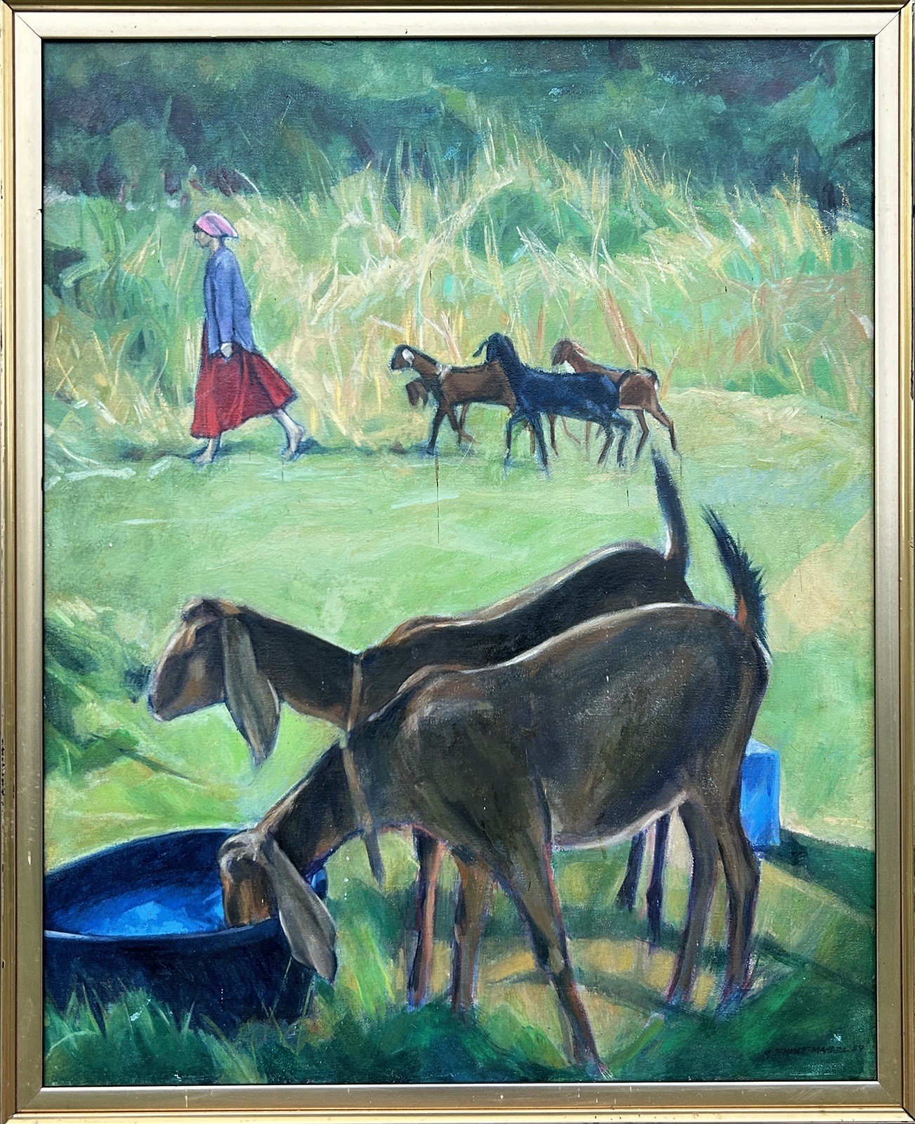 Large Original Antique Oil Canvas Painting Landscape with Coats Framed Large Original Antique Oil Canvas Painting Landscape with Coats Framed