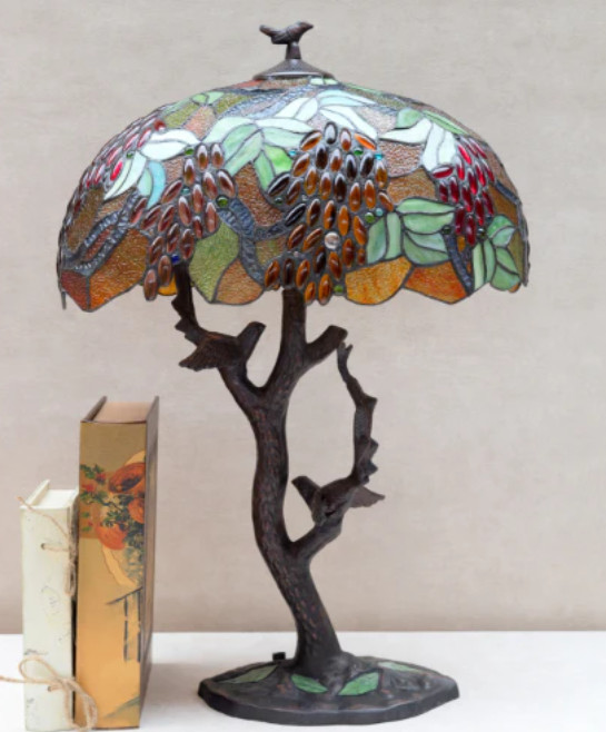 Table Lamp Tiffany Style Grape Tree Metal Birds Stained Glass Art Decor Large
