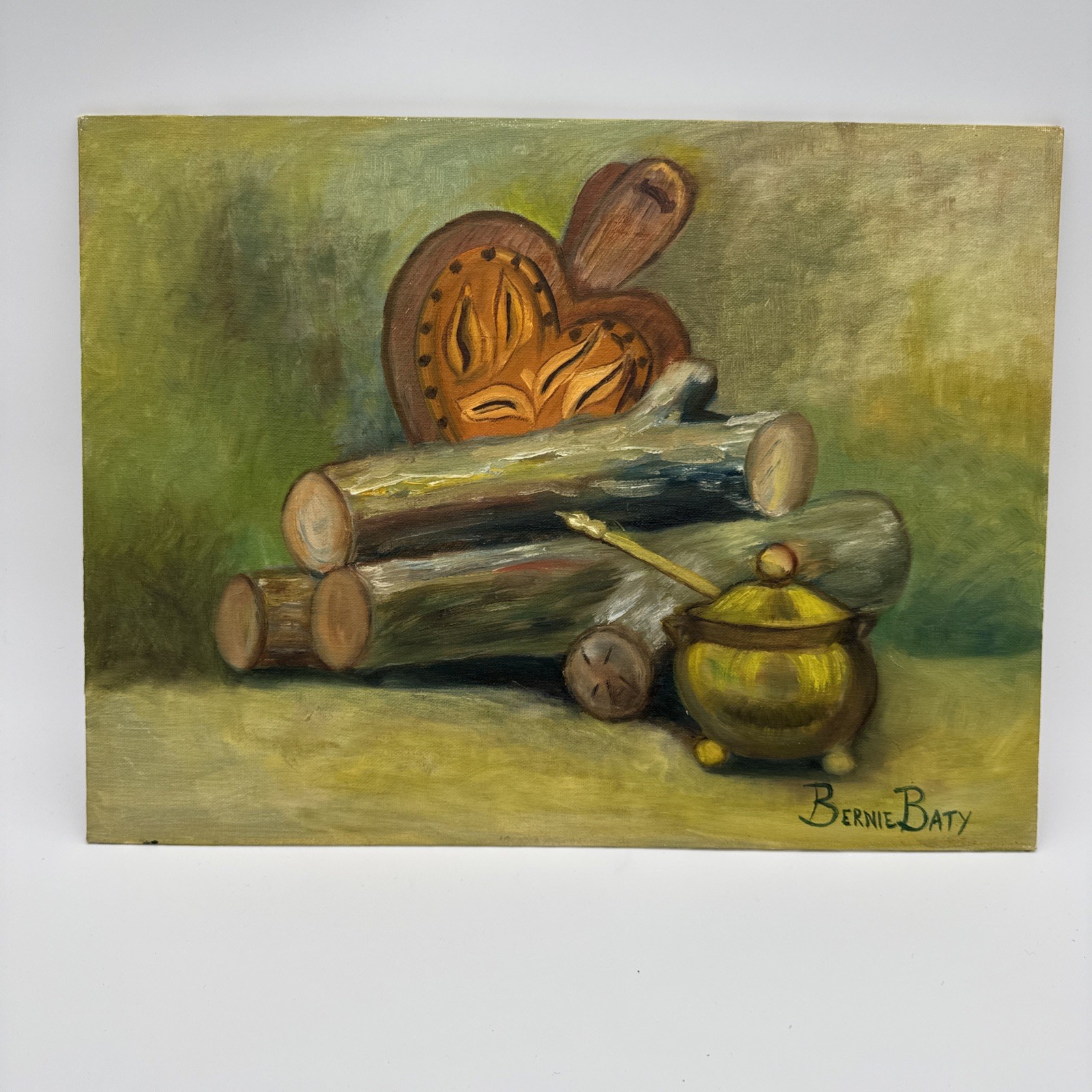 Vintage Still Life Oil Painting Wood Logs Kettle Cutting Board Signed 12x16 Vintage Still Life Oil Painting Wood Logs Kettle Cutting Board Signed 12x16
