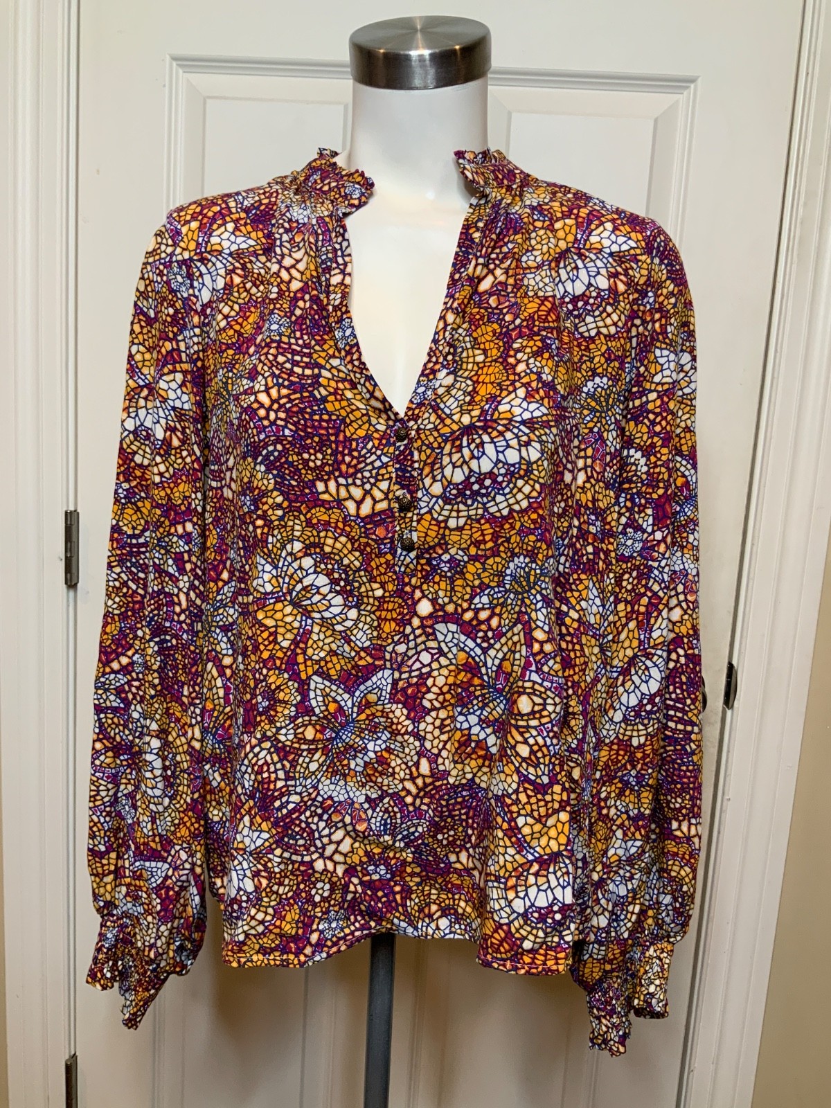 Maeve Anthropologie Mosaic Kaleidoscope Floral V-Neck Popover Blouse, Size S