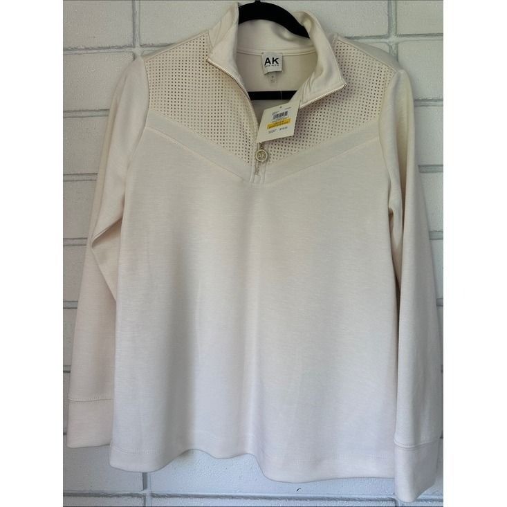 Anne Klein Women Cream Perforated Yoke Half-Zip Sweater Ivory Medium NWT