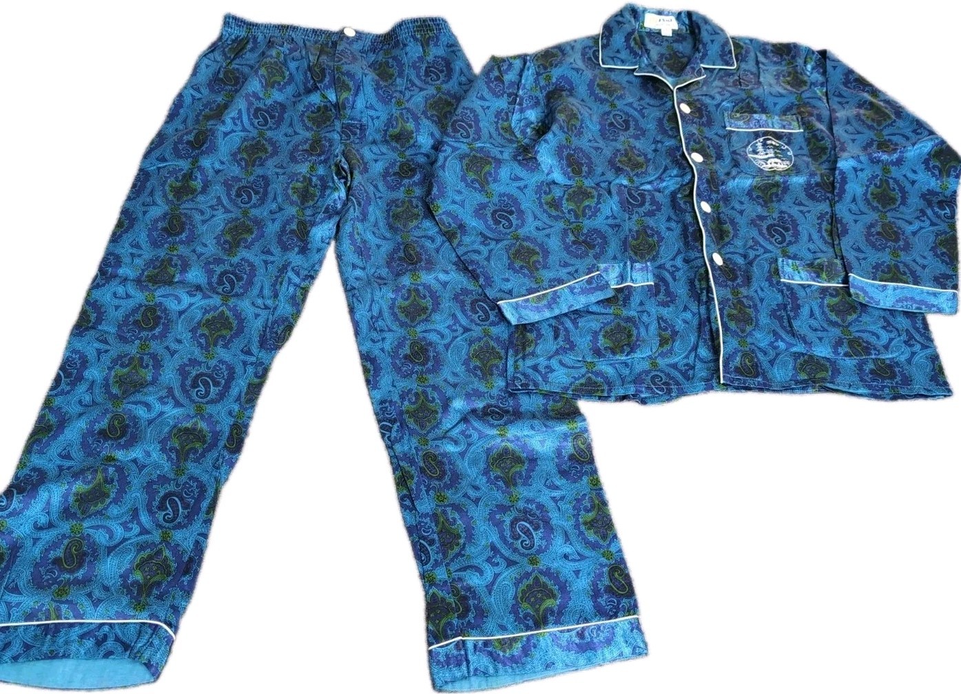 Vintage ESME Chinese Embroidered Cotton Rayon Pajama Set Men\'s Med Blue Paisley 