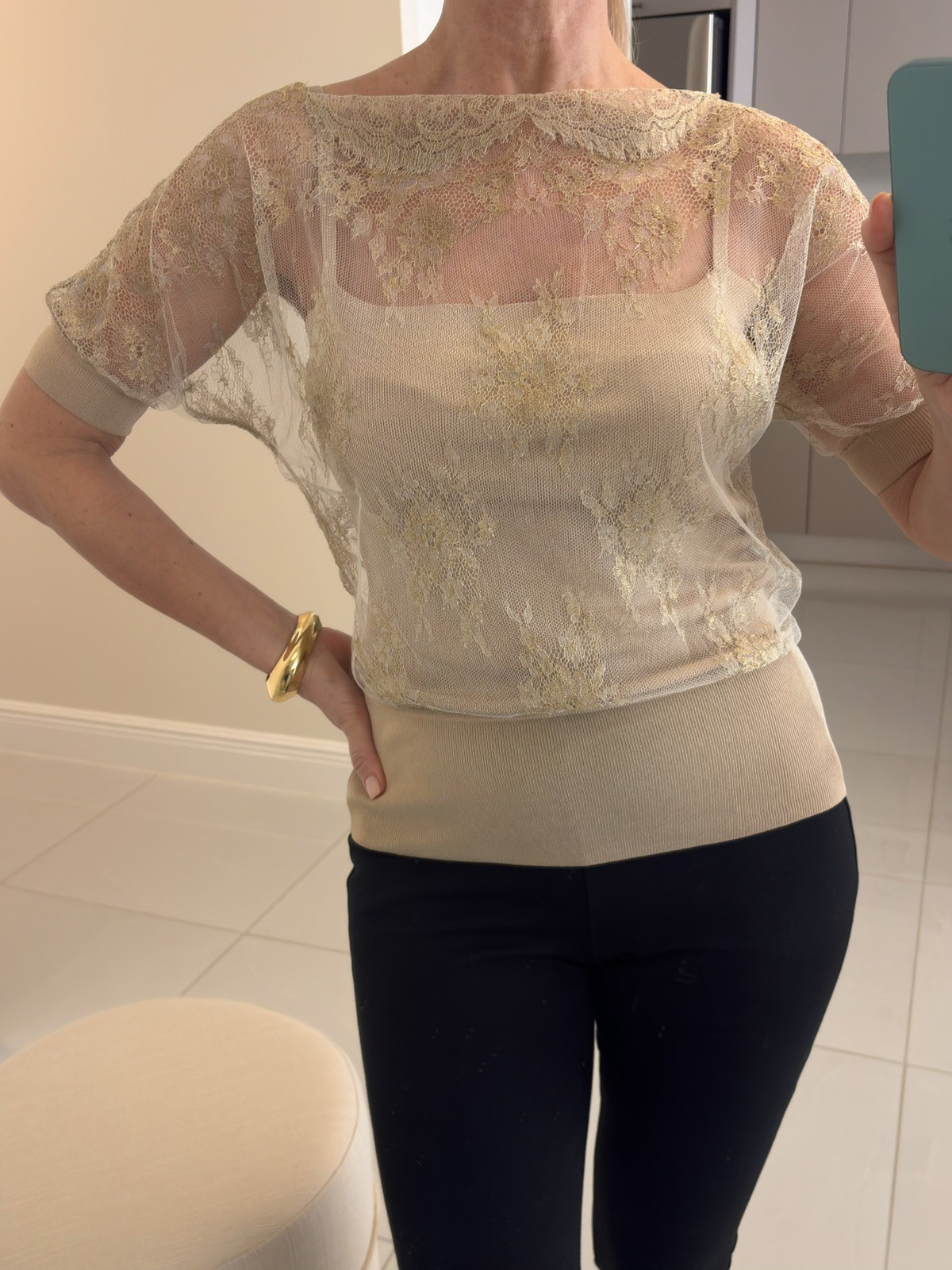 Valentino Beige/Gold Floral Lace Rare Vintage Blouse Size S