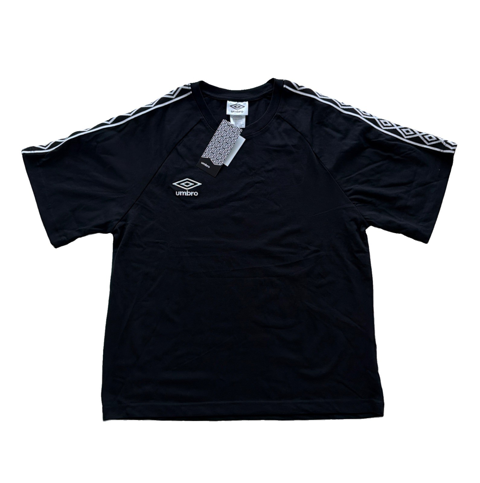 Umbro Boxy Loose Fit Tee T-Shirt Diamond Striped Sleeves Black White Mens L NWT