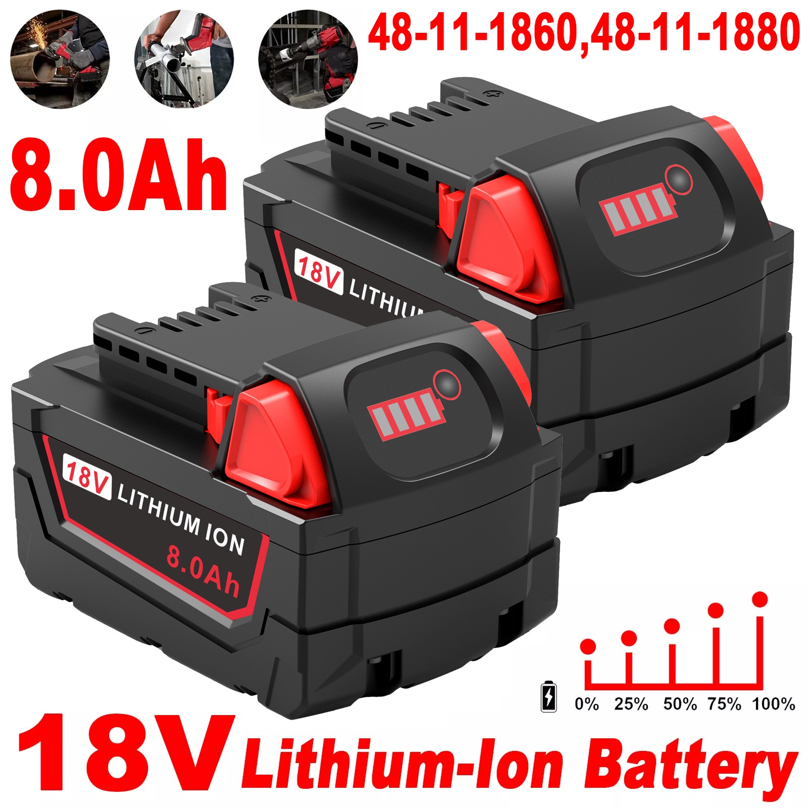 2PACK For Milwaukee for M18 8.0AH Battery Lithium Extended Capacity 48-11-1860