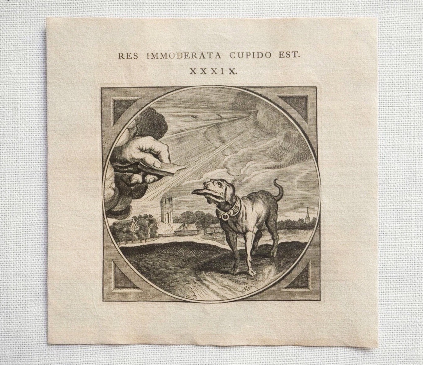 17thC Copper Engraving Adriane van de Venne 1627 Dog Jacob Cats Latin Dutch