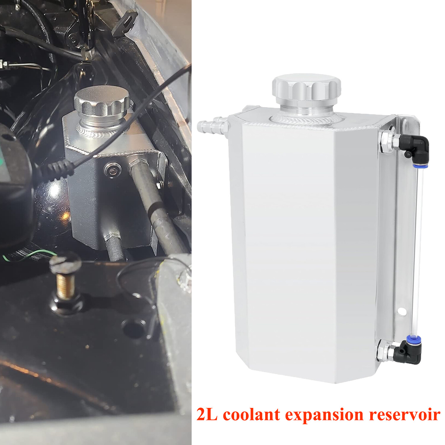 Universal 2L Aluminum Coolant Radiator Overflow Reservoir Expansion Tank Silver