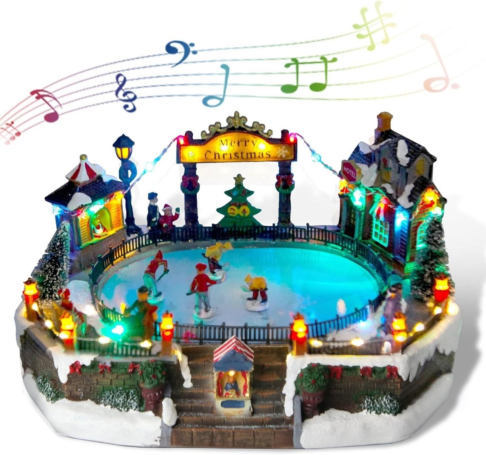 Christmas Village Decor Animated Ice Skating Pond w Music Skaters