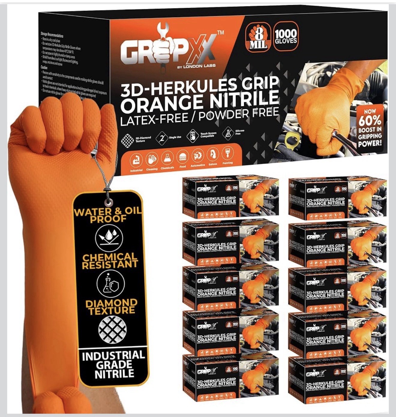 GRIPXX Herkules 8 Mil Orange Nitrile Gloves XL 10pk Diamond Grip Latex Free
