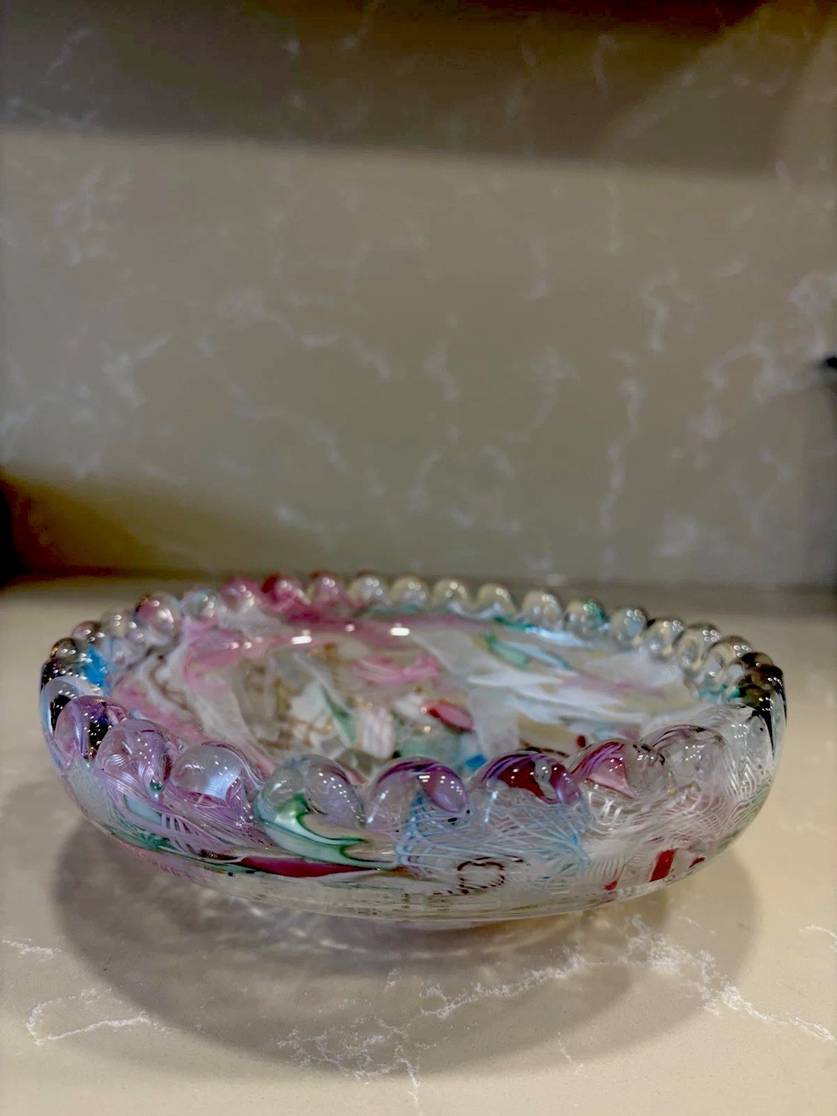 Italy Vintage Archimedo Seguso Murano Latticino Ribbon Aventurine Bowl 7.5”