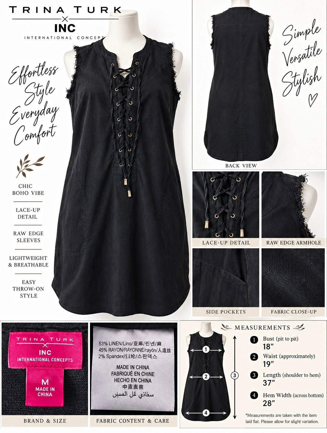 Trina Turk x INC International Concepts Black Sleeveless Lace-Up Mini Dress M
