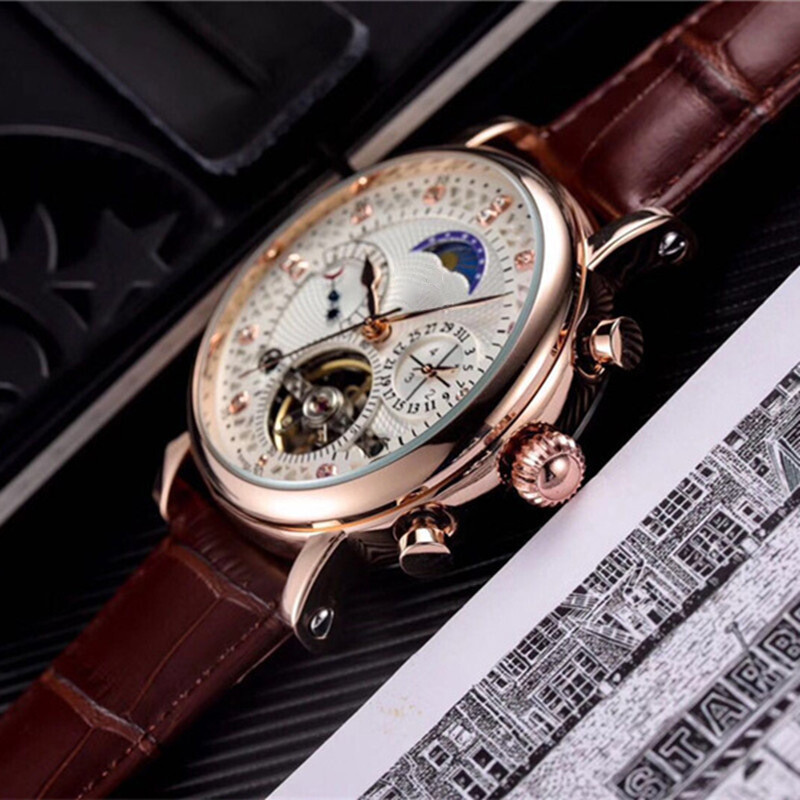 Men\'s Automatic Mechanical Watch Tourbillon Leather 3ATM Date Moon Phase