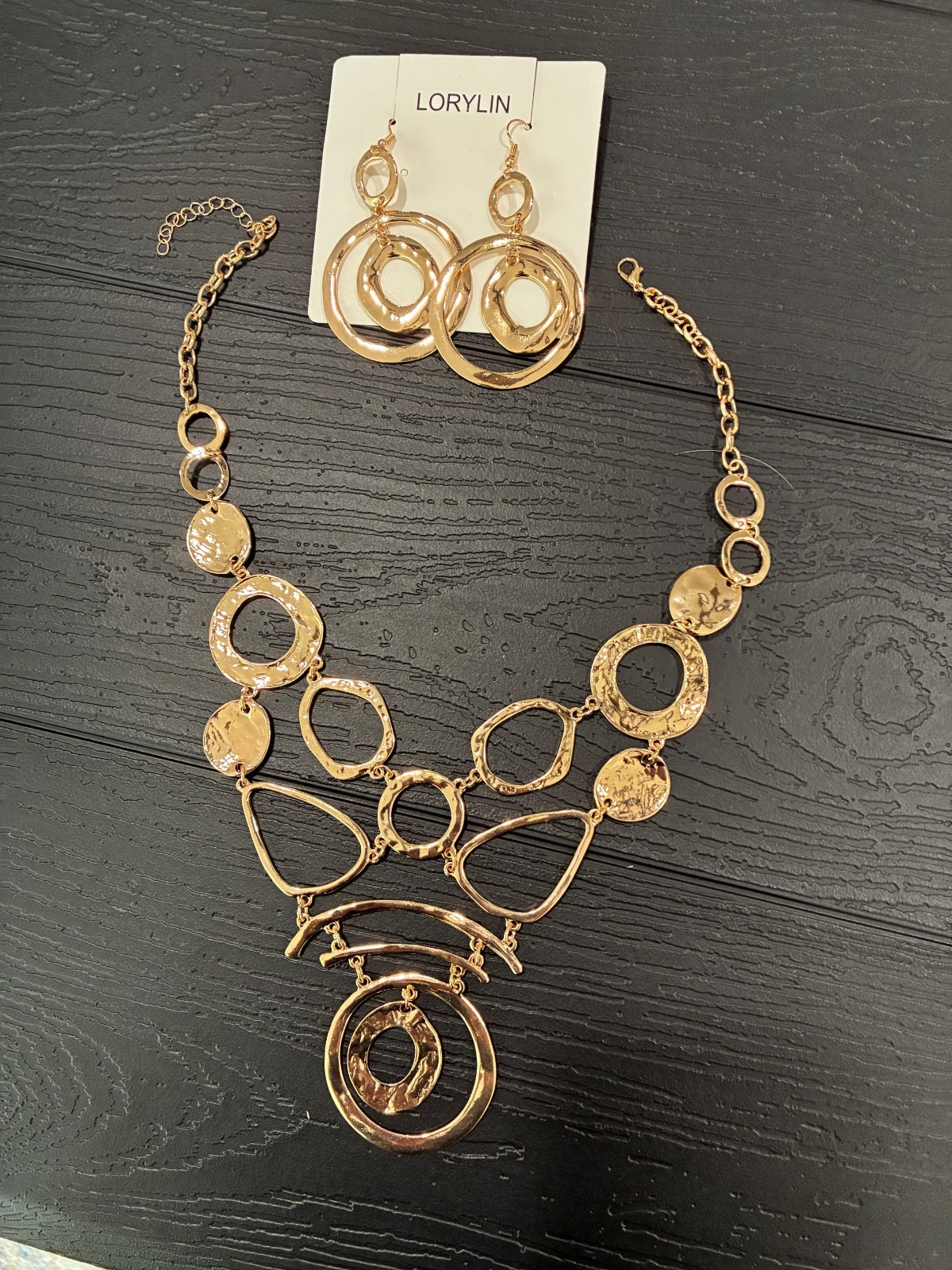 LORYLIN Gold Tone Hammered Statement Necklace & Dangle Earrings Set NEW