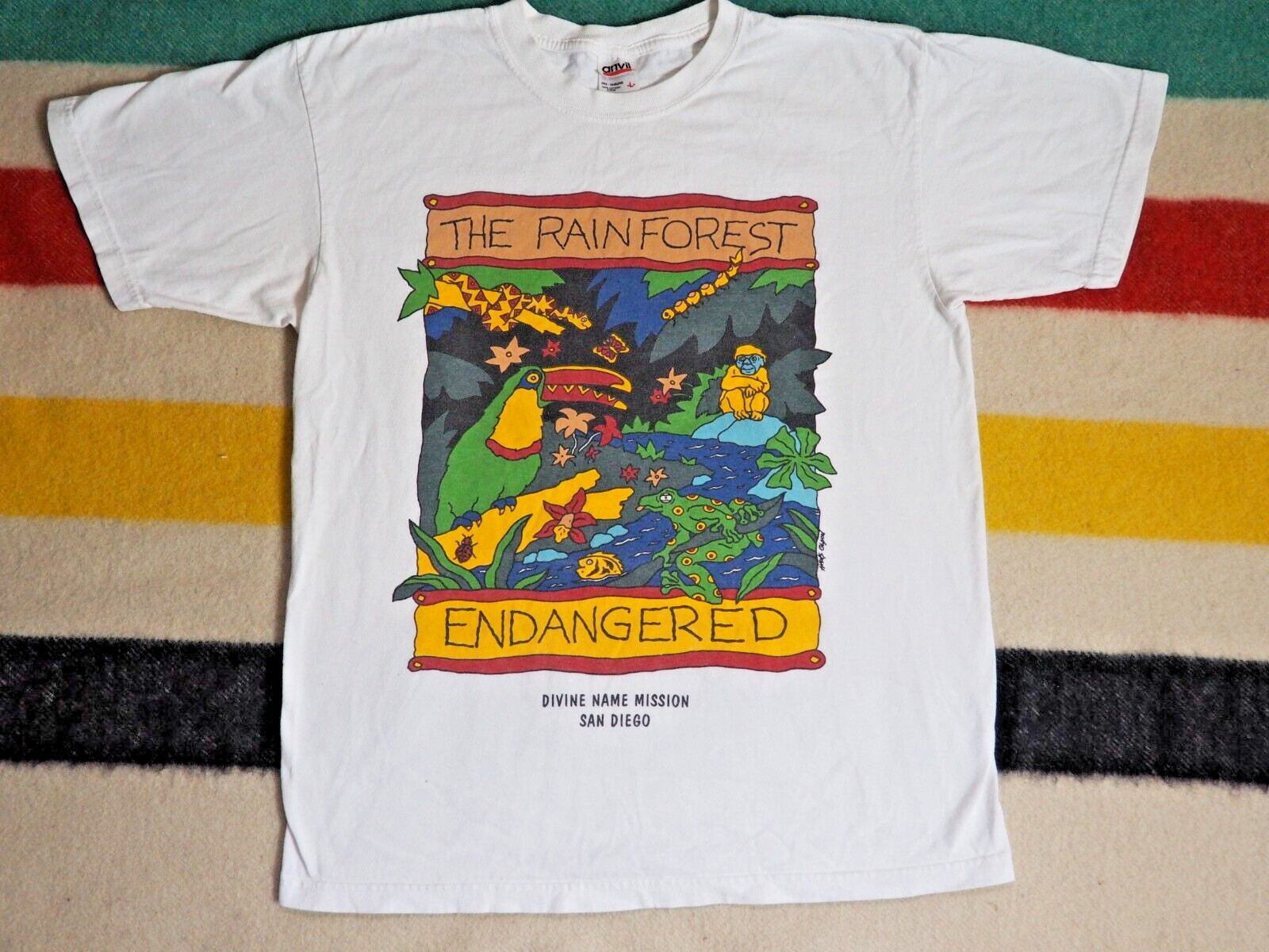 VTG 90s Y2k Anvil Rainforest Eco Animal Nature Art San Diego White Tee T-Shirt L