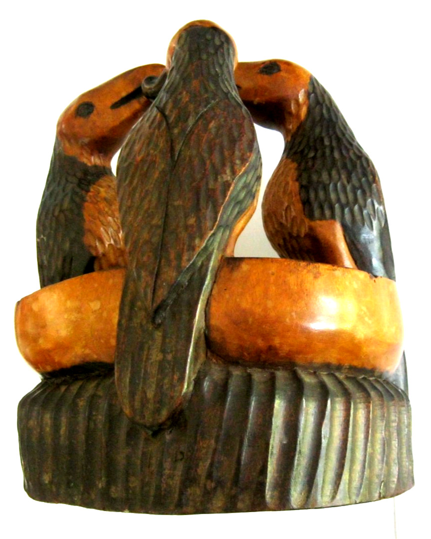 Large Vintage Hand Carved Hardwood Ashtray Folk Art Sculpture Birds Eating Worm