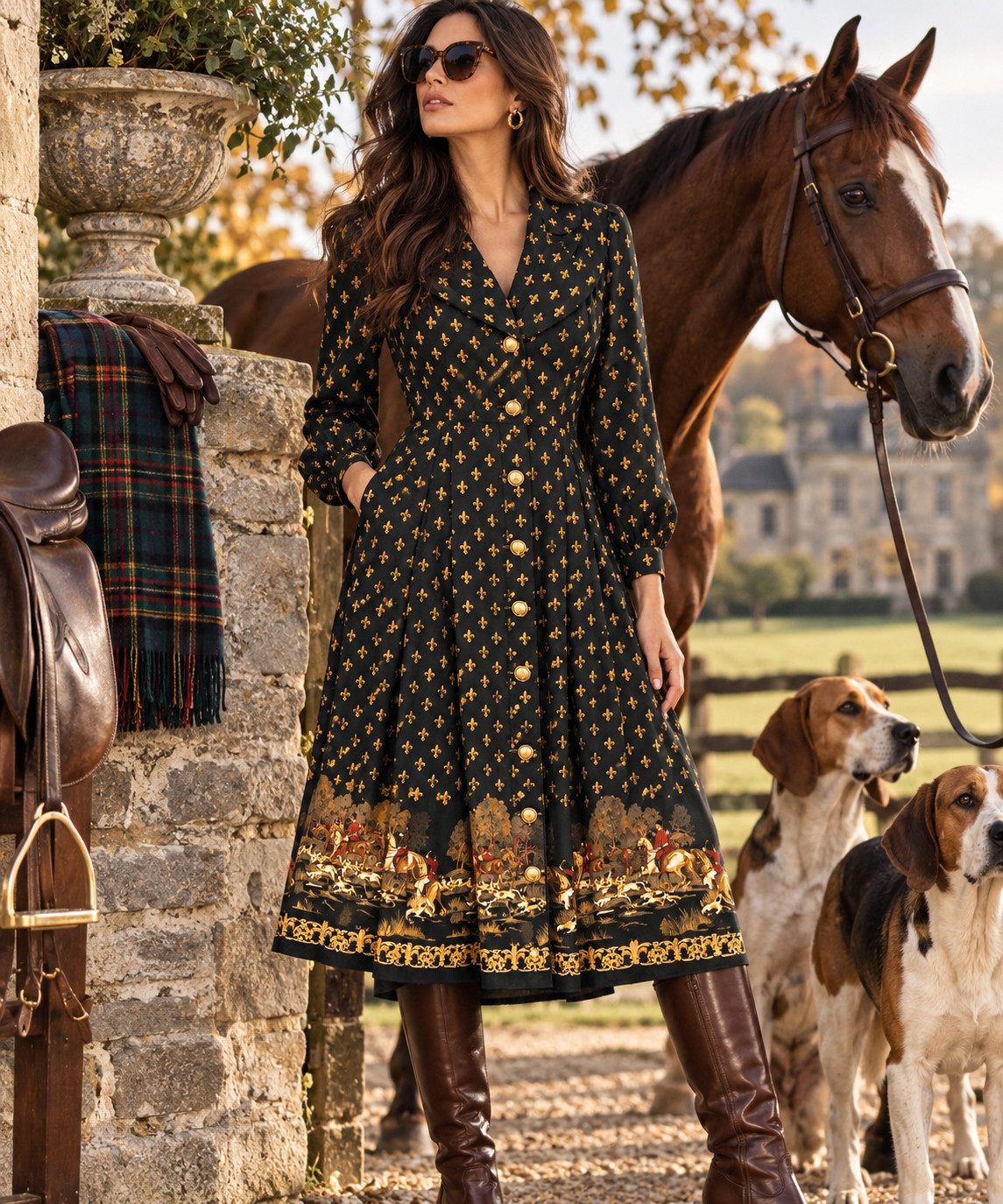 Vintage 80\'s Leslie Fay Sz 14 Fleur de Lis Fox Hunt Equestrian Midi Shirt Dress