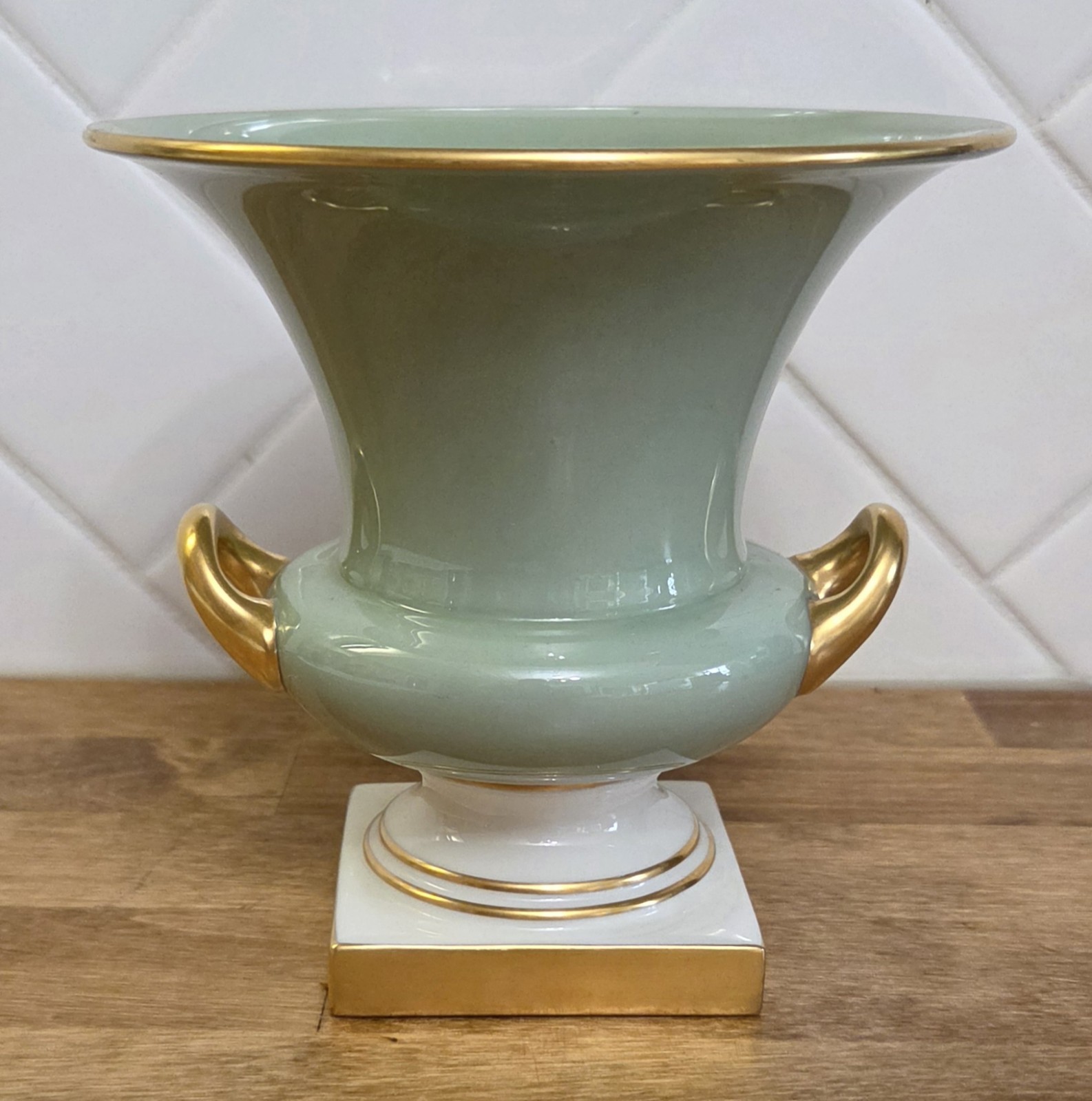 Vintage Lenox Celedon Double Handled Porcelain And Gold Urn Vintage Lenox Celedon Double Handled Porcelain And Gold Urn