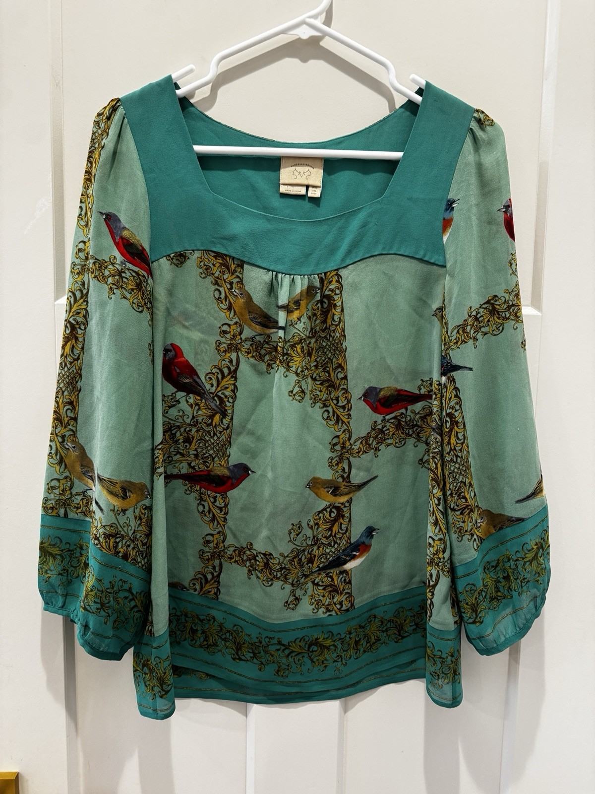 Vanessa Virginia Anthropologie Green Top Sz 6 Silk Bird Print Boho Nature Artsy