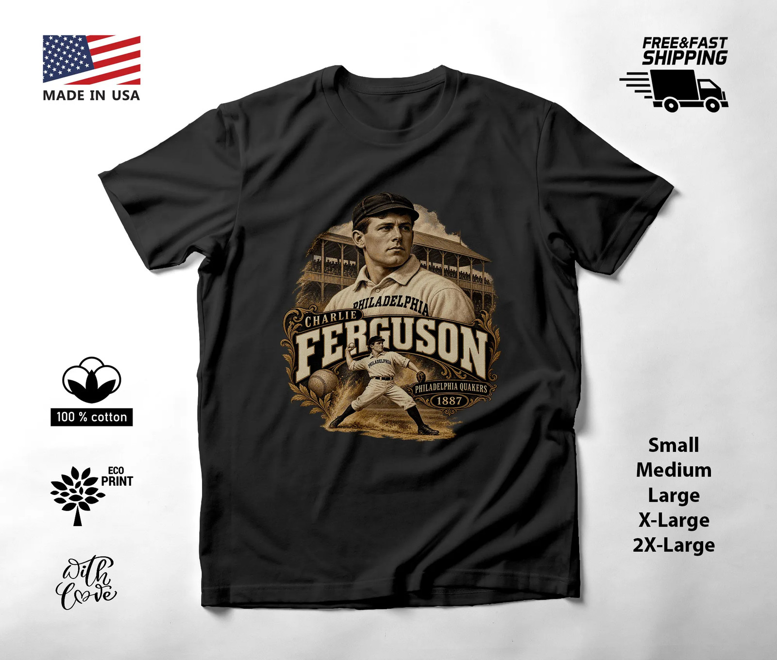 Charlie Ferguson Baseball T-Shirt Philadelphia Quakers Pitcher Portrait